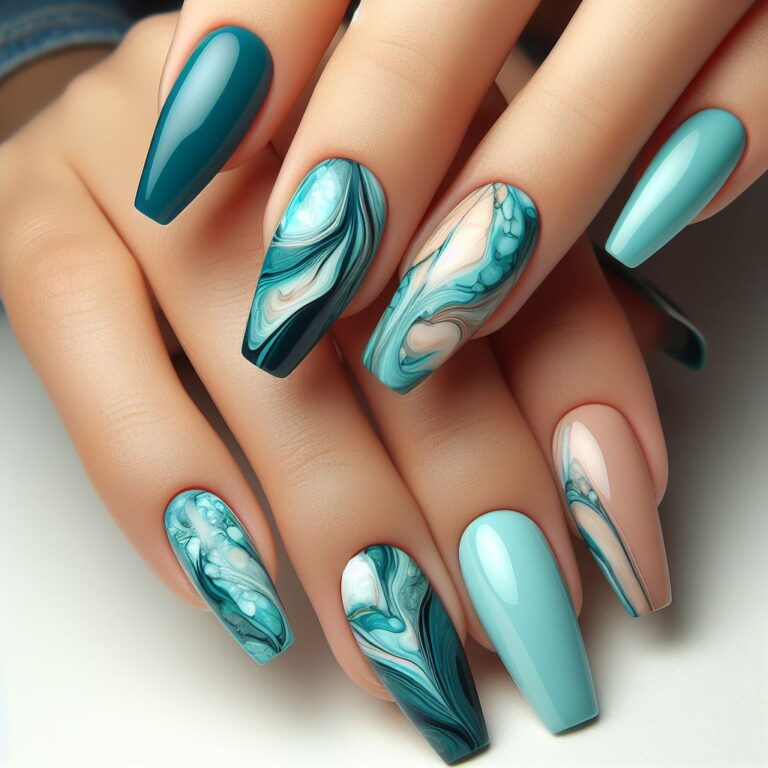 Marbled Majesty: Turquoise and Blue Nail Design with Marble Texture