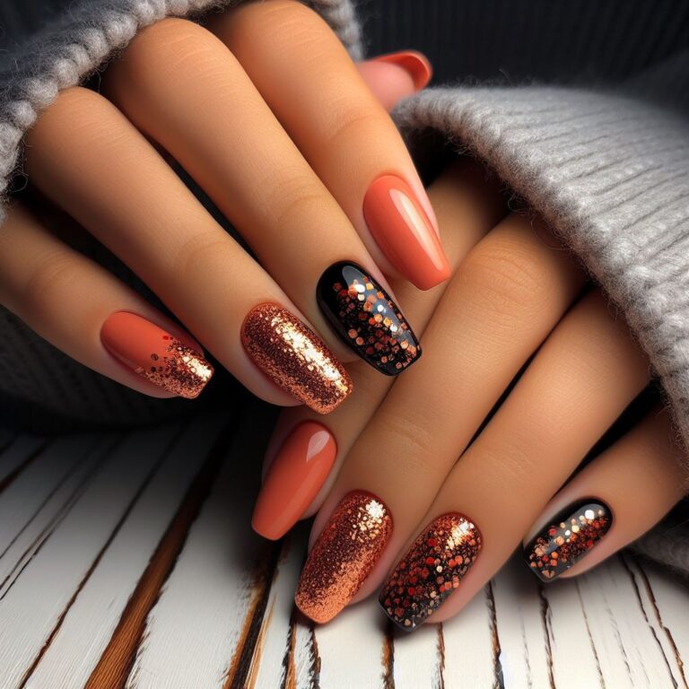 Spooky Sparkle: Black and Orange Glitter Nail Inspiration