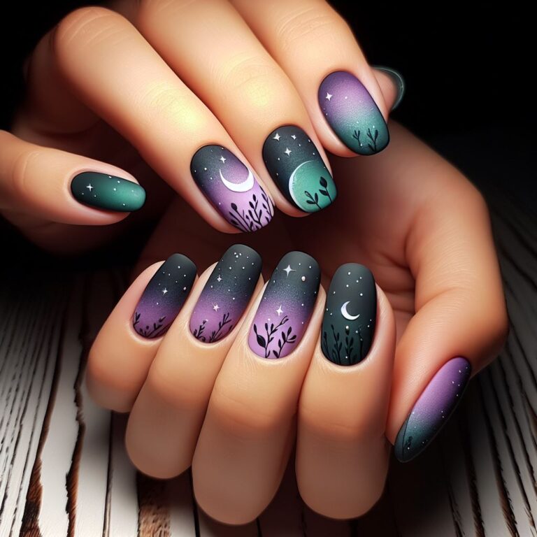 Twilight Tranquility: Green and Purple Nail Design Inspired by the Night Sky