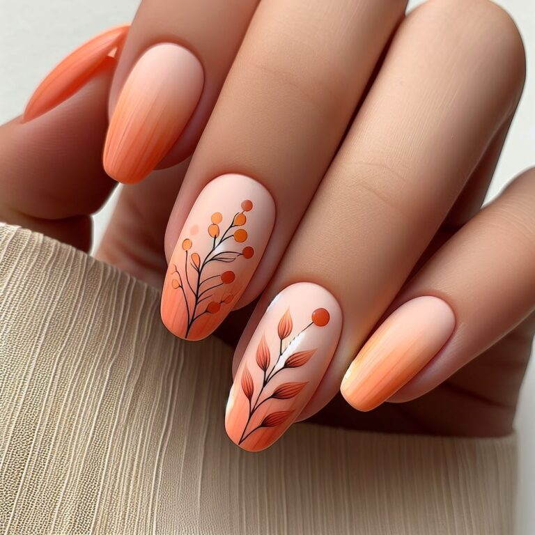 Sunset Serenity: Orange Ombre Nails with Delicate Autumn Branches