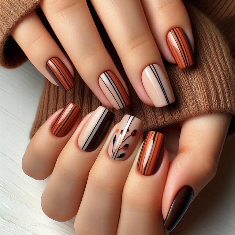 Autumnal Harmony: Orange and Brown Striped Nail Design