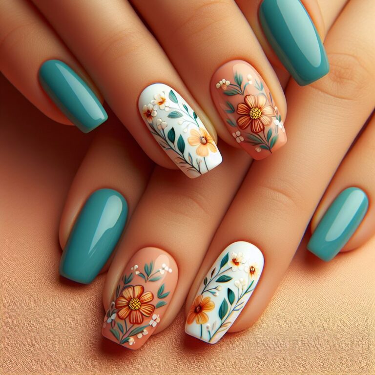 Tropical Garden Delight: Hand-Painted Florals on Orange and Turquoise Nails