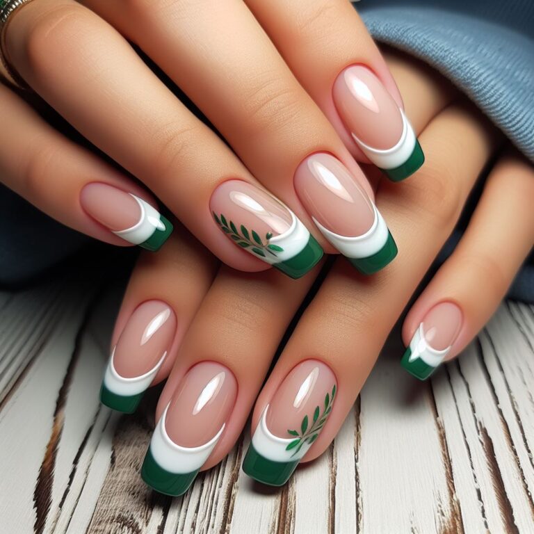 Nature-Inspired French Manicure: Green & White Nail Art Idea