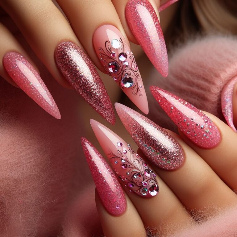 Sparkling Pink Glamour: Nail Art with Glitter and Shimmering Crystals