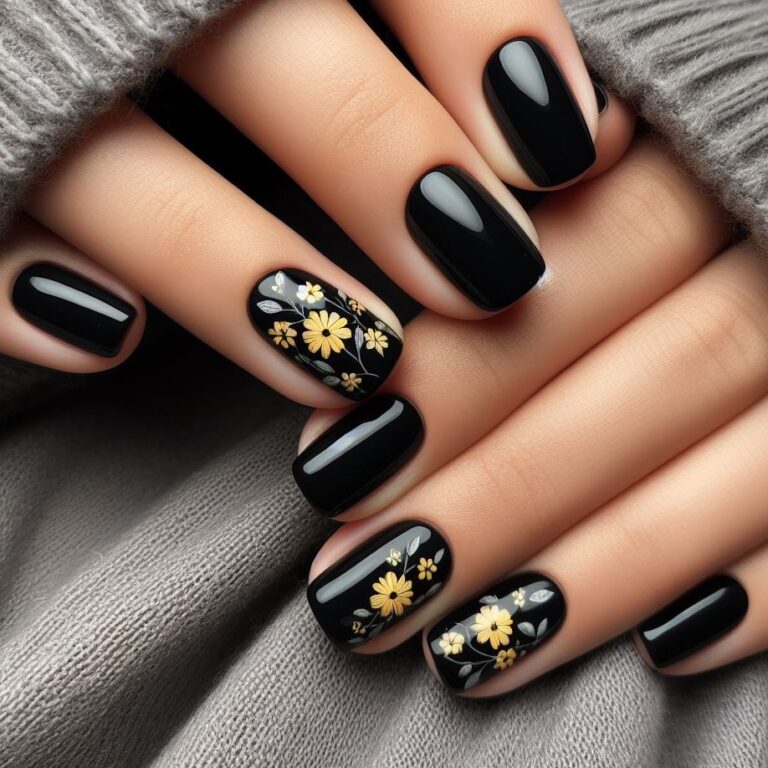 Floral Elegance: Stunning Yellow Flowers on Black Nails