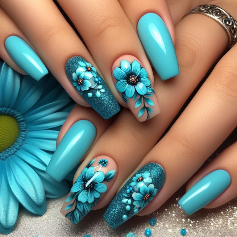 Blue Garden Blooms: Turquoise and Blue Nail Art Inspiration