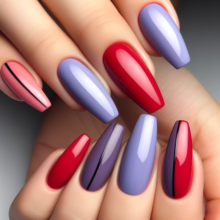 Divided Harmony: Red and Purple Nail Art with Half-Line Division