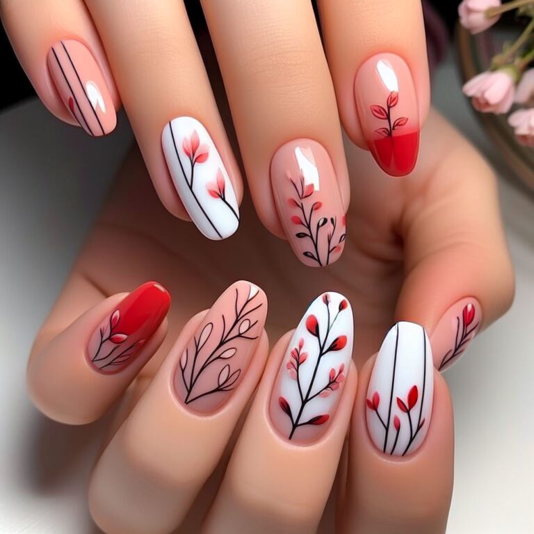 Scarlet Foliage Fantasy: Elegant White Nail Art with Red Leaves