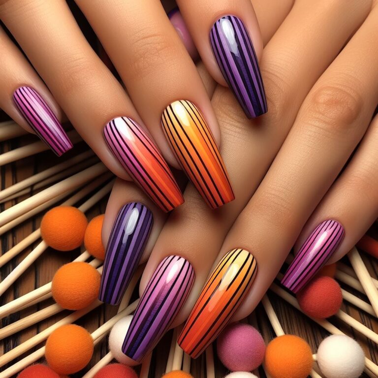 Bold Harmony: Orange and Purple Manicure Enhanced with Chic Black Stripes