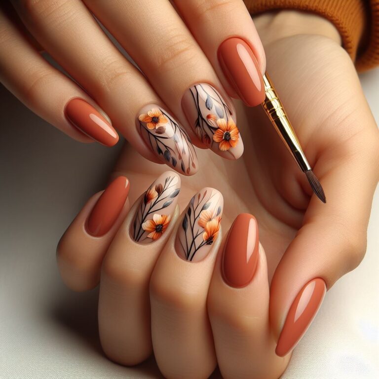 Harvest Bouquet: Brown Nail Art with Stunning Orange Florals