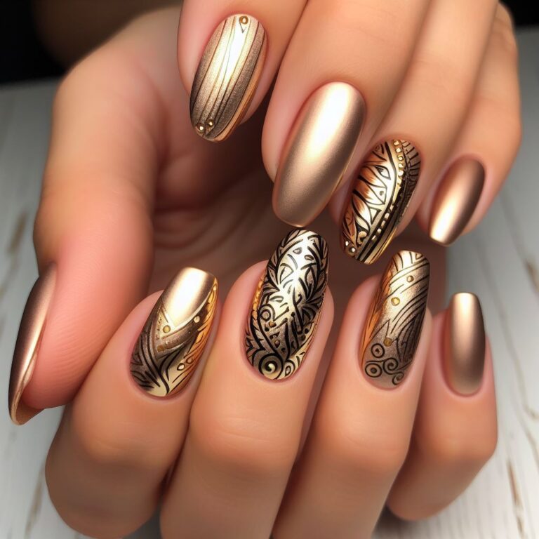 Golden Abstract Elegance: Chic Nail Design with Intricate Patterns