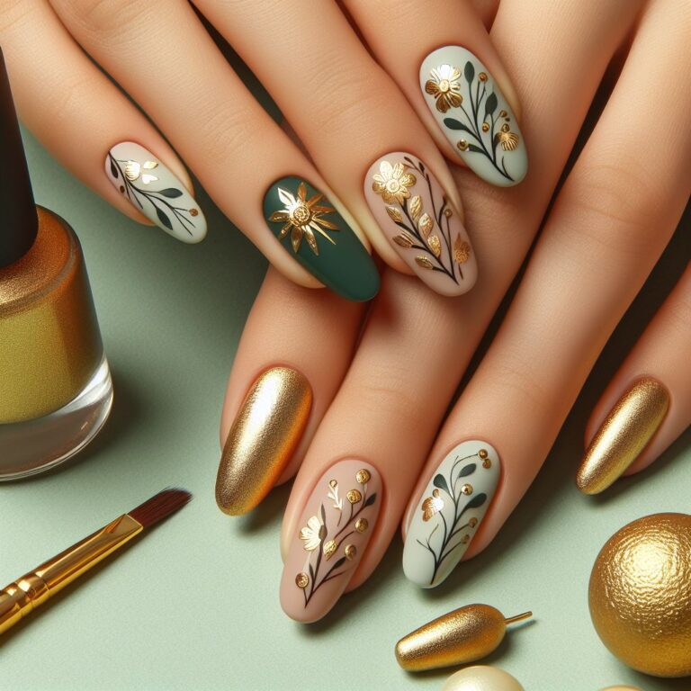 Golden Blooms: Stylish Green Nails Adorned with Floral Gold