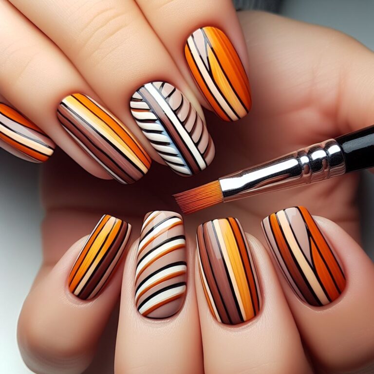 Spiced Stripes: Chic Nail Art with Brown and Orange Linear Patterns