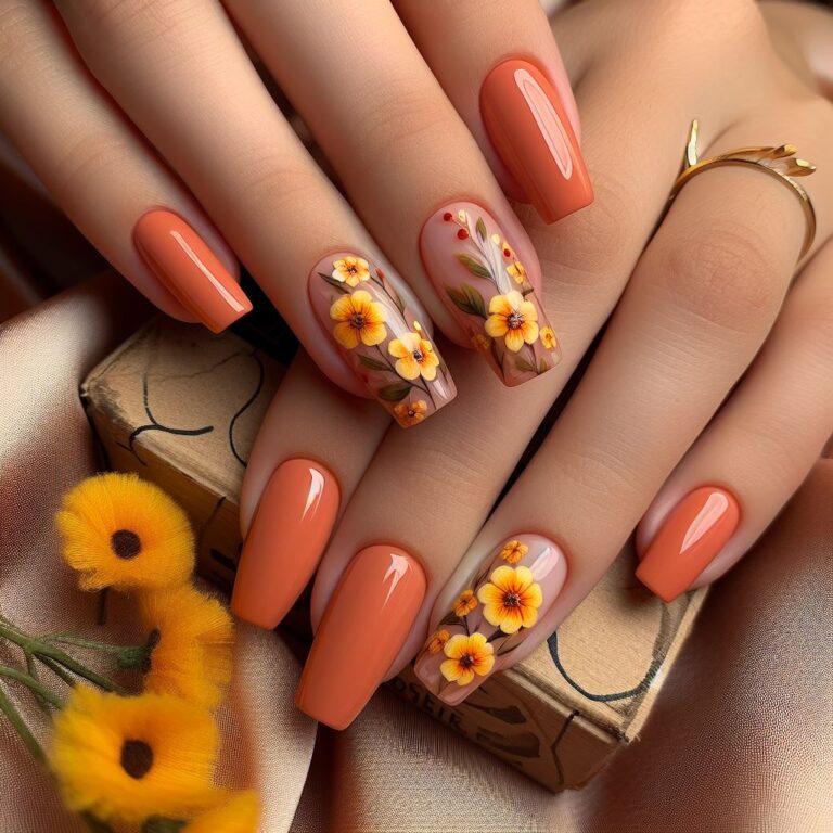 Sunrise Blooms: Orange Nail Design with Yellow Flowers
