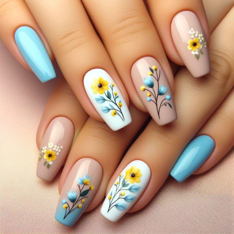 Springtime Splendor: Chic Nail Art with Blue and Yellow Floral Accents
