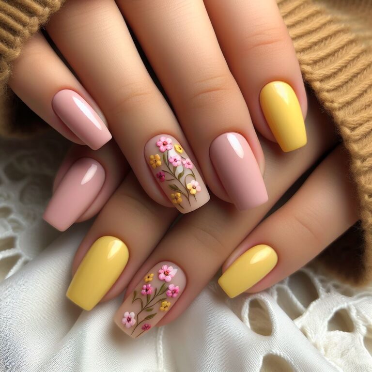 In Full Bloom: Yellow and Pink Nails Bursting with Spring Flowers