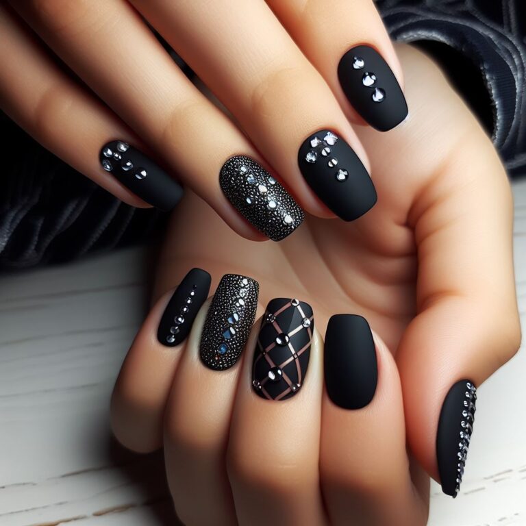 Black Diamond Elegance: Nail Art with Stunning Gemstone Accents