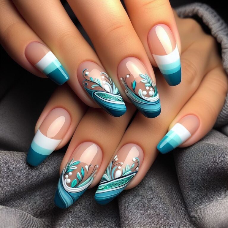 Seaside Serenity: Turquoise and Blue Nails featuring Waves and Leaves at the Tips