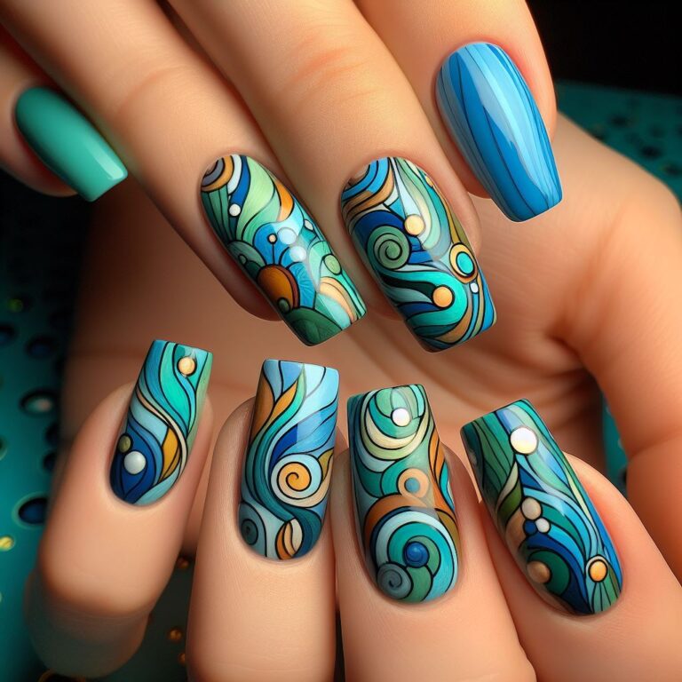 Chromatic Creations: Abstract Green and Blue Nail Art Idea