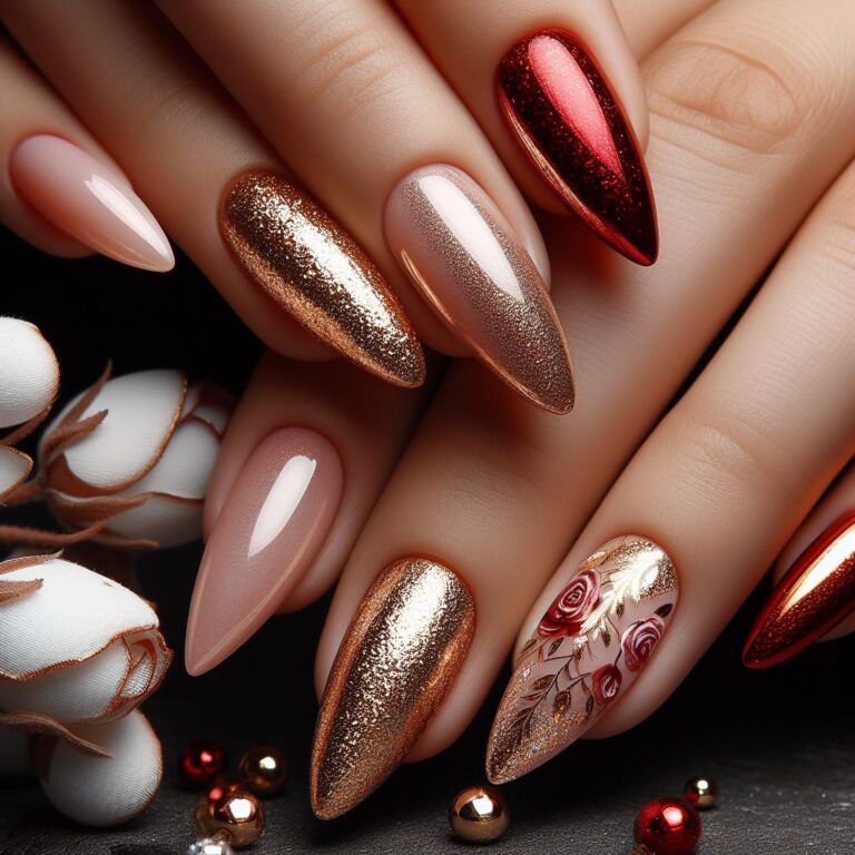 Rose Gold Glamour: Red and Gold Glitter Nails with Rose Drawings