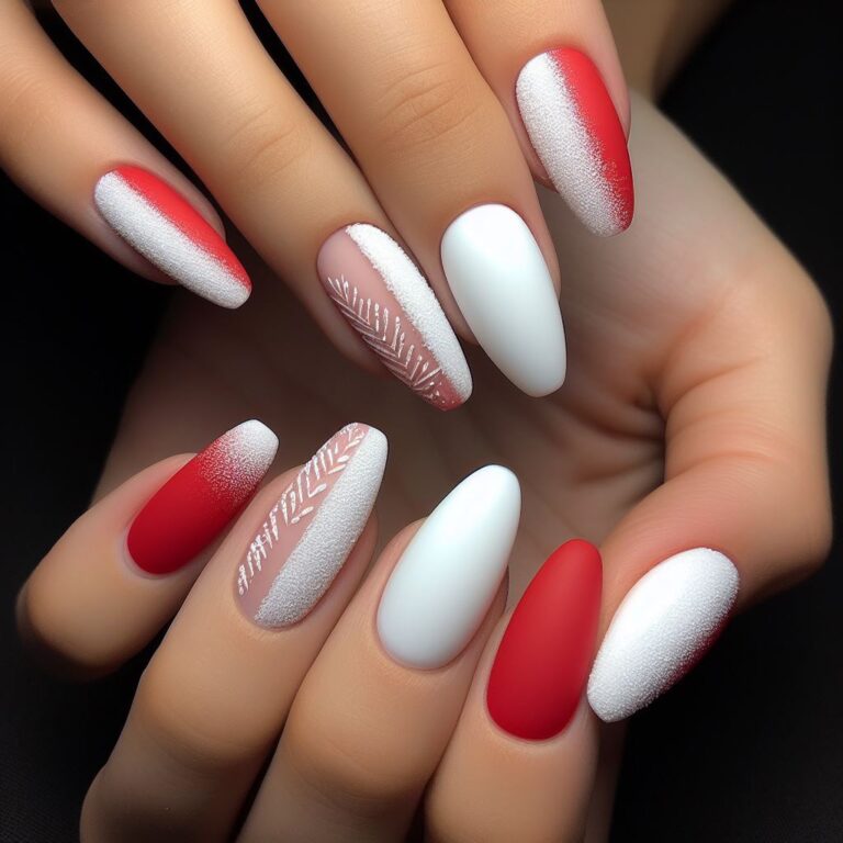 Snowy Elegance: Red and White Nail Design with Snow Texture