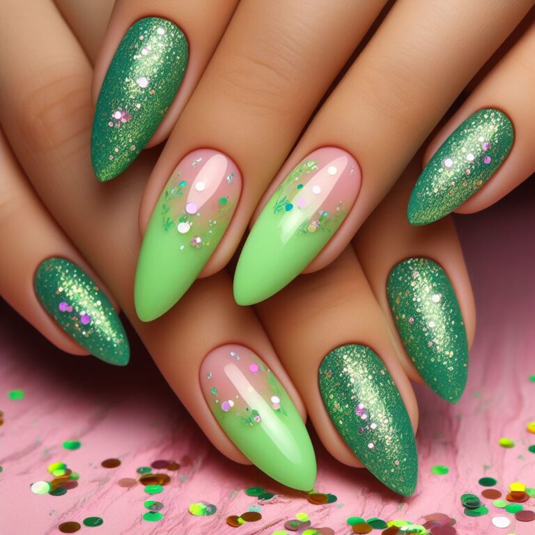 Glittery Garden: Green Nails Sparkling with Glitter Magic