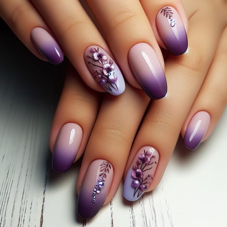 Amethyst Crystal Fade: Stylish Nail Art with Violet Gradient and Shimmering Gems