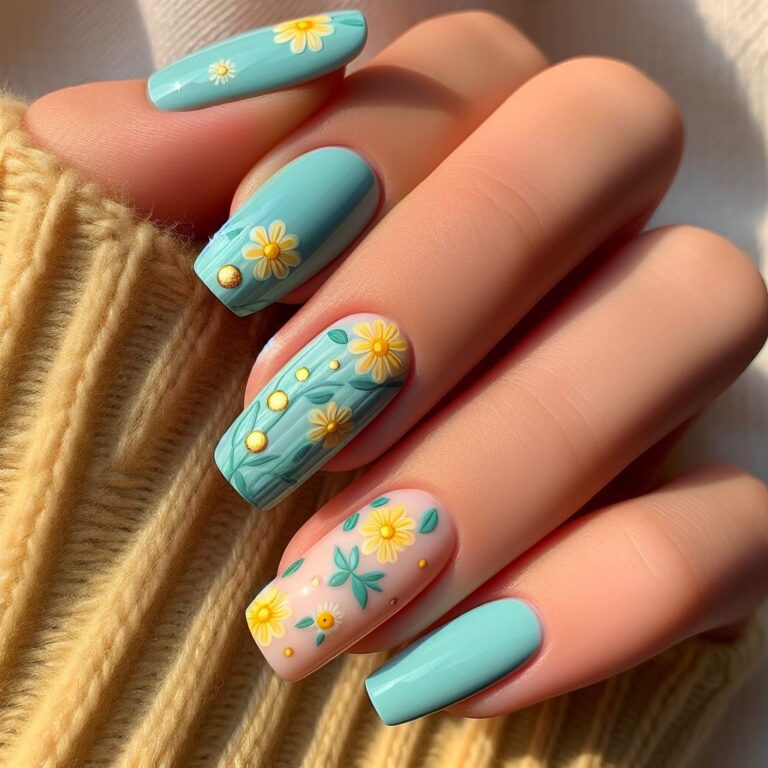 Flower Power: Turquoise and Yellow Nail Design Embracing Spring Blossoms