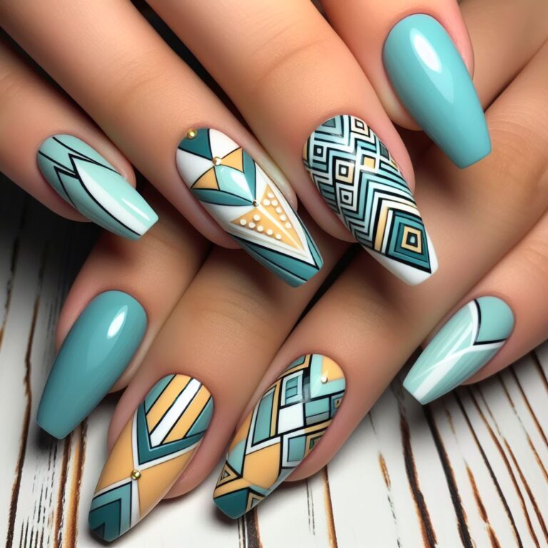 Trendy Geometry: Turquoise and Yellow Nail Art with Bold Shapes