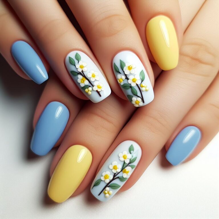 Daisy Delight: Blue and Yellow Nail Design with Cheerful Daisies