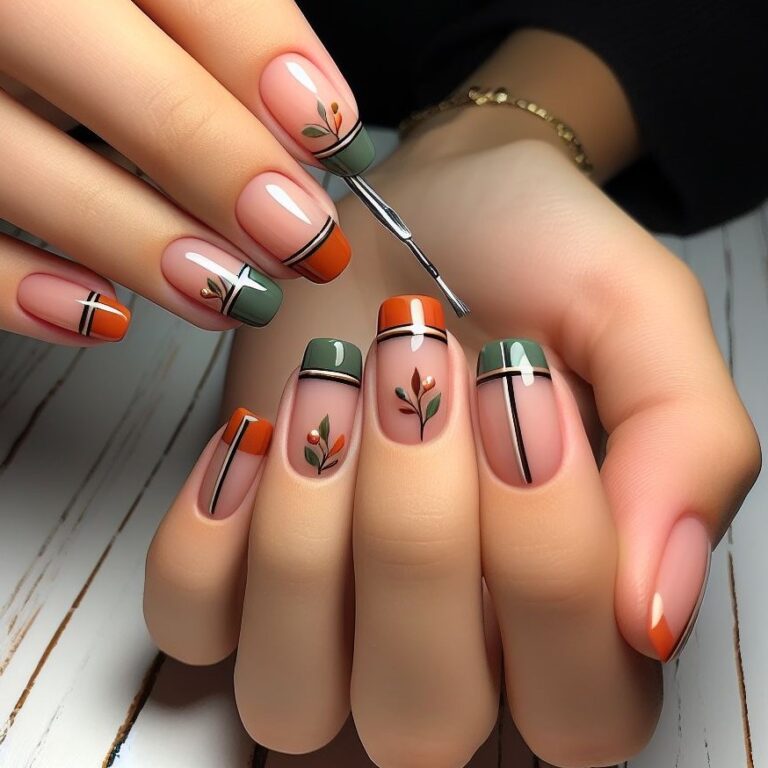 Foliage Finesse: Orange and Green French Tip Nail Art with Twig Patterns