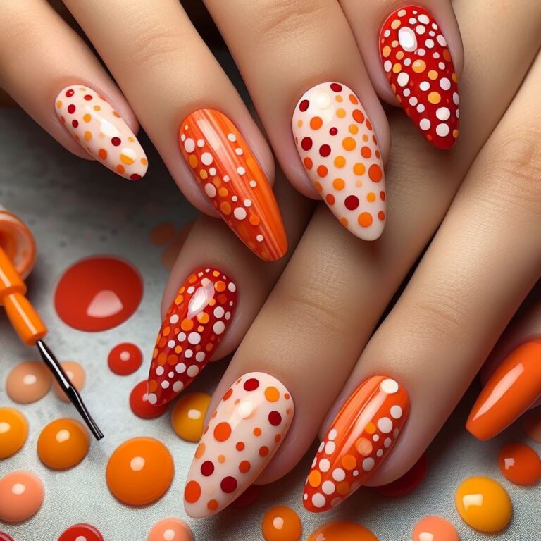 Sizzling Citrus: Orange and Red Nail Art with Polka Dots