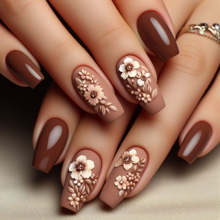 Rustic Floral Chic: Nail Art with Brown Tones for Autumn Vibes