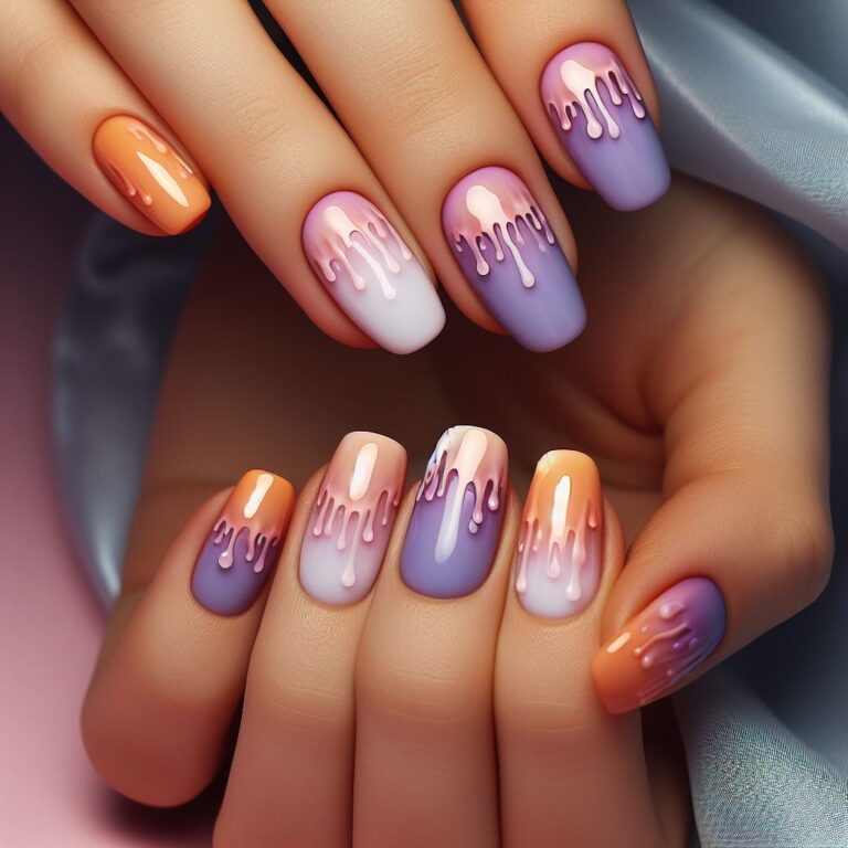 Halloween Hues: Violet and Orange Drip Nail Design for Spooky Style