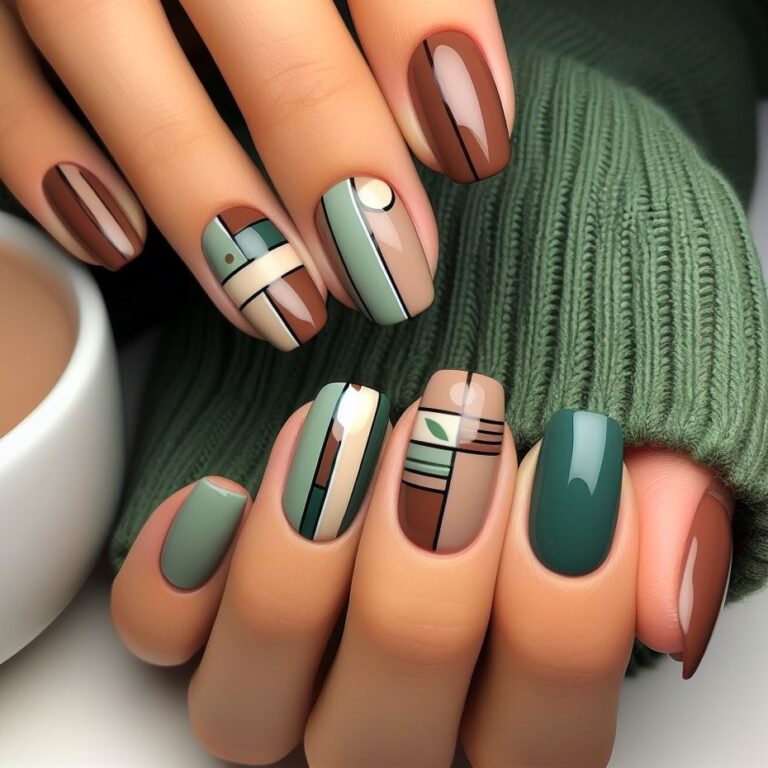 Artistic Fusion: Green and Brown Cubist Nail Design Inspiration