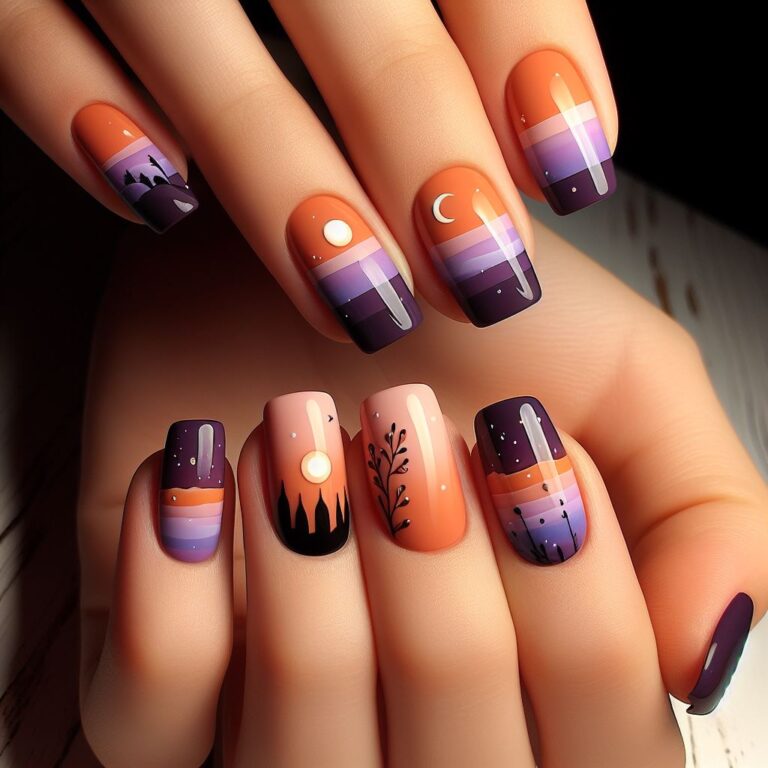 Twilight Tints: Orange and Purple Sunset Nails for a Dreamy Look