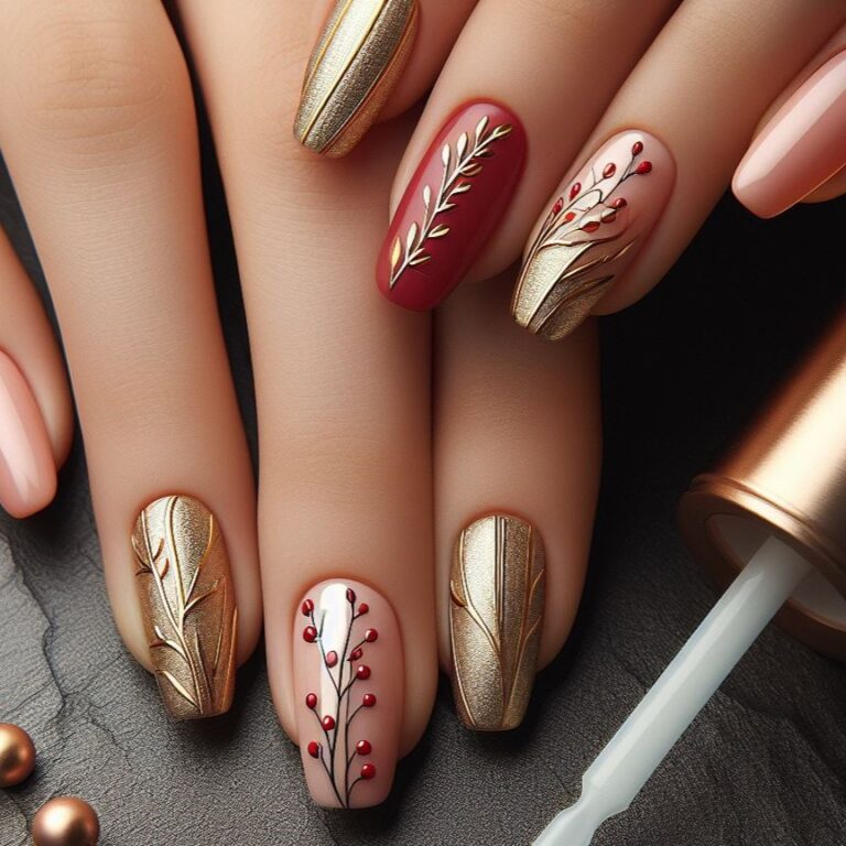 Red and Gold Twig Elegance: Nail Art Inspired by Nature