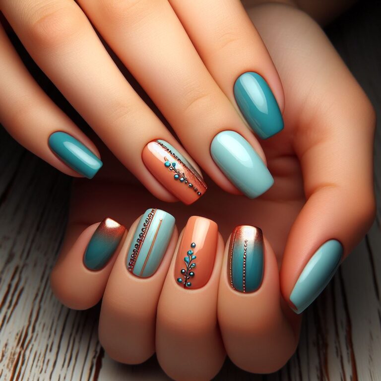 Sparkling Sunsets: Orange and Turquoise Nails with Subtle Glitter Lines