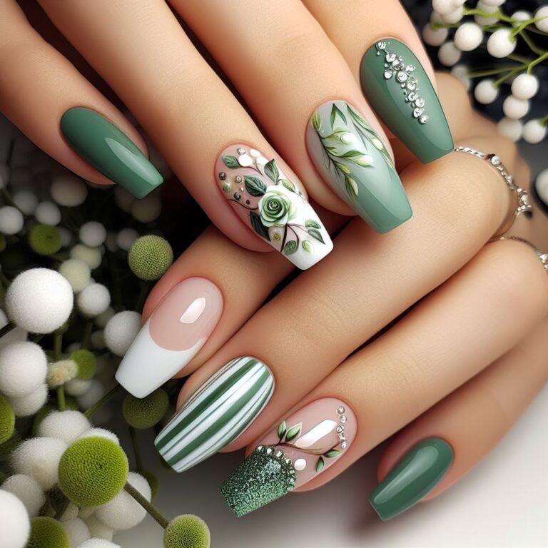 Enchanting Green & White Floral Nails with Sparkle & Glitter