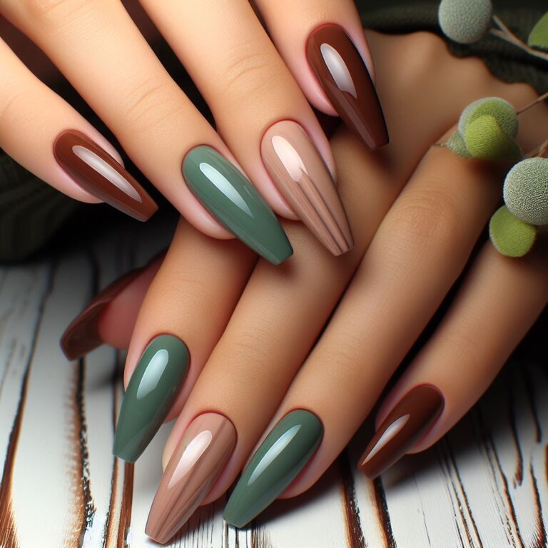 Earthy Elegance: Simple Green and Brown Nail Design Idea
