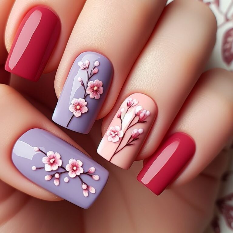 Floral Whispers: Red and Purple Nail Art Featuring Delicate Blooms