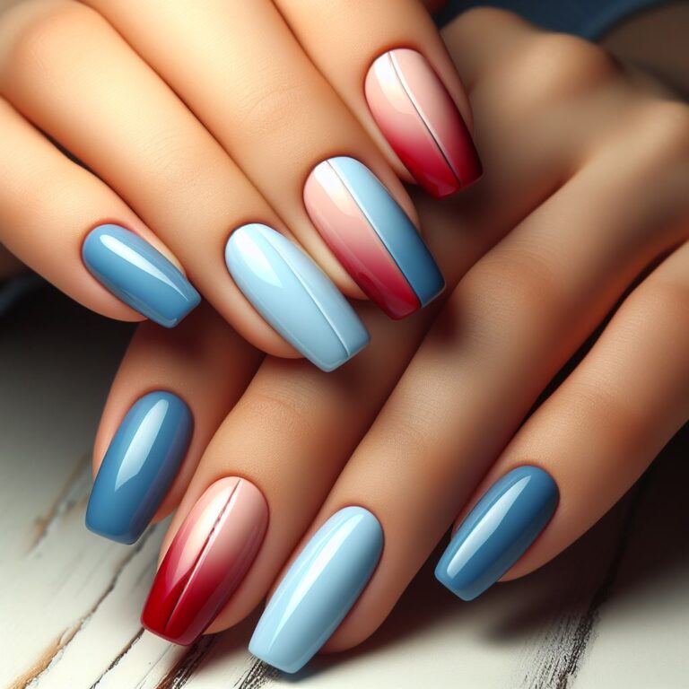 Two-Tone Divide: Blue and Red Gradient Nail Art