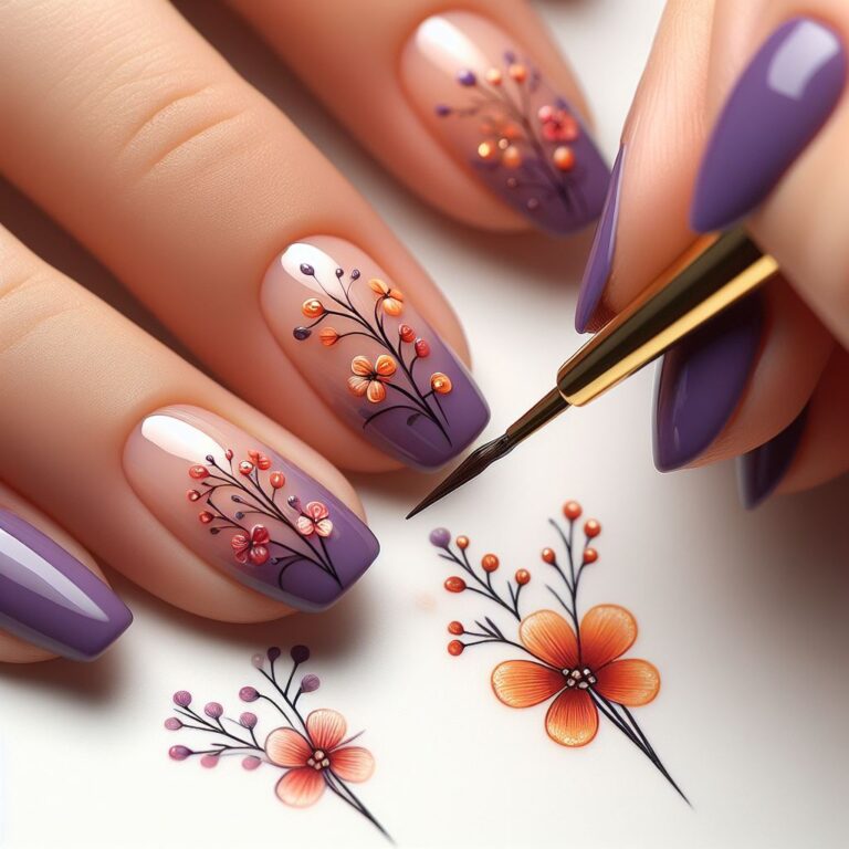 Flower Fade: Orange Blossoms on Gradient Violet Nails for a Stunning Look