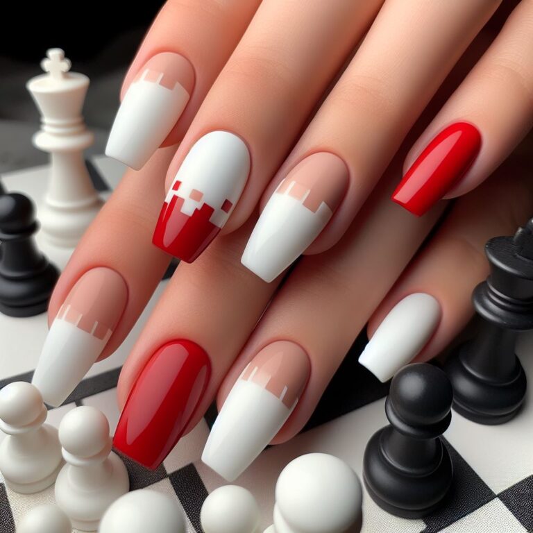 Pixel Glamour: Red and White Nail Design Evoking Pixelated Art