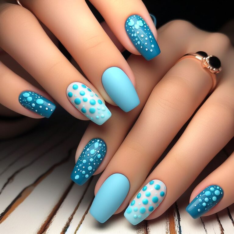 Bubble Pop Chic: Turquoise and Blue Nail Design with Dotted Bubble Motif