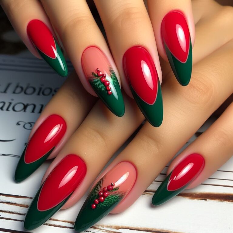 Holiday Spirit Manicure: Red with Green Tipped Mistletoe Nail Design