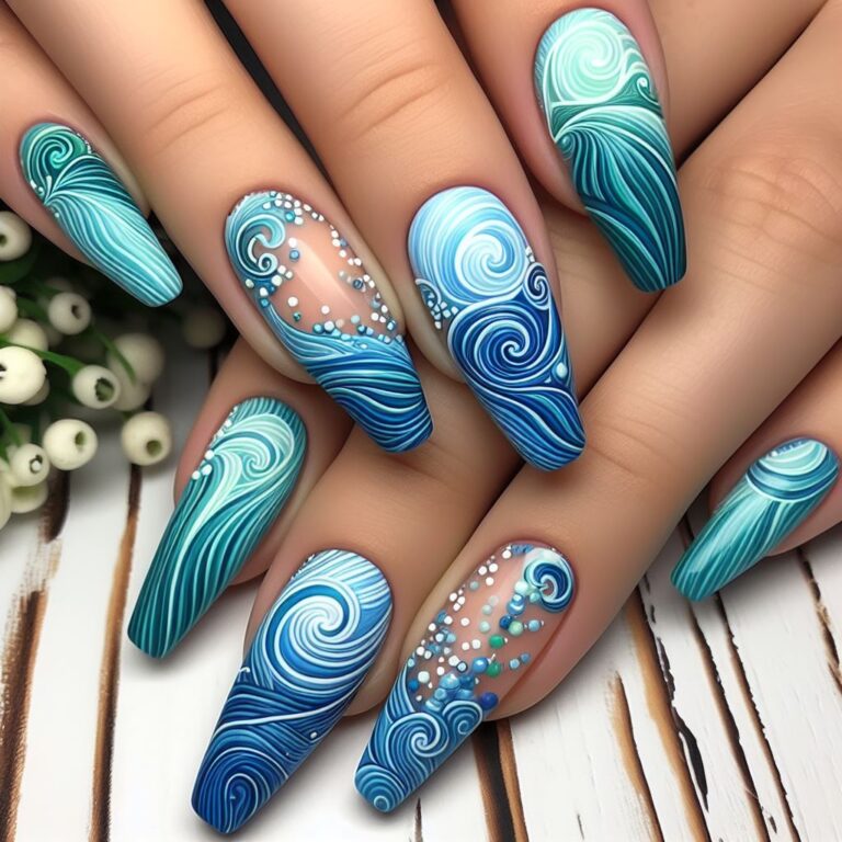 Marine Majesty: Green and Blue Nail Designs Mimicking Ocean Waves