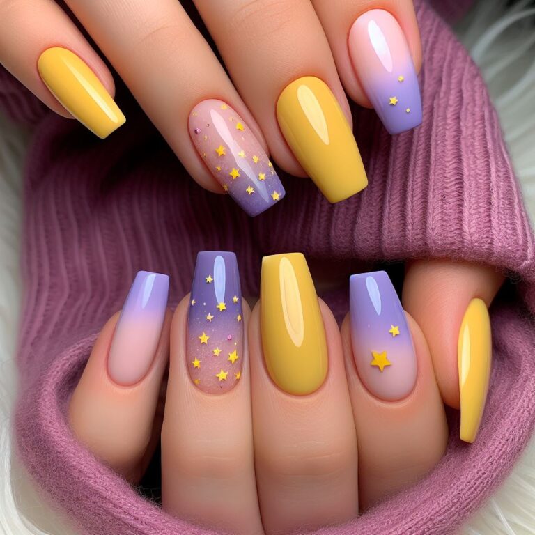 Twinkle Tones: Chic Yellow and Purple Nail Art with Starry Motifs