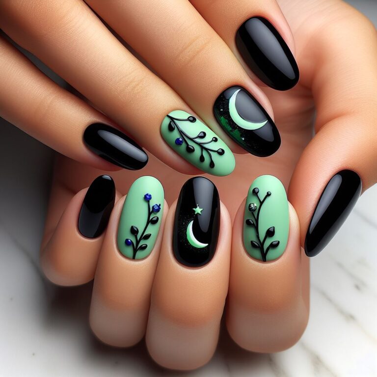 Moonlit Whispers: Green and Black Nails Adorned with Stars, Moons, and Branches