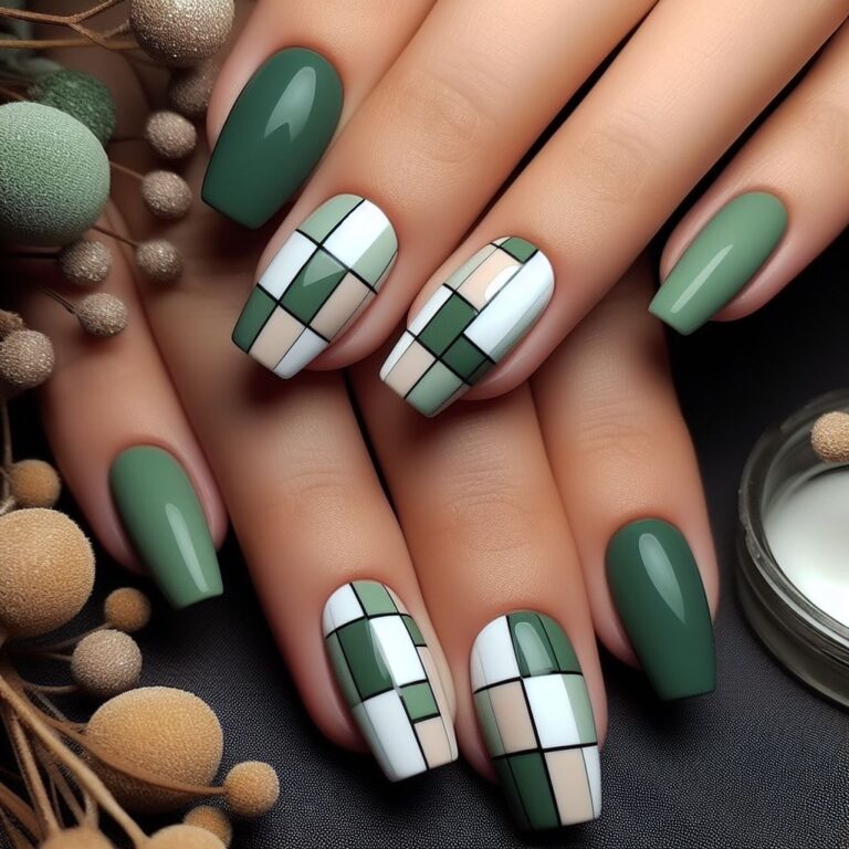 Square Dance: Green and White Nail Art Featuring Bold Geometric Shapes